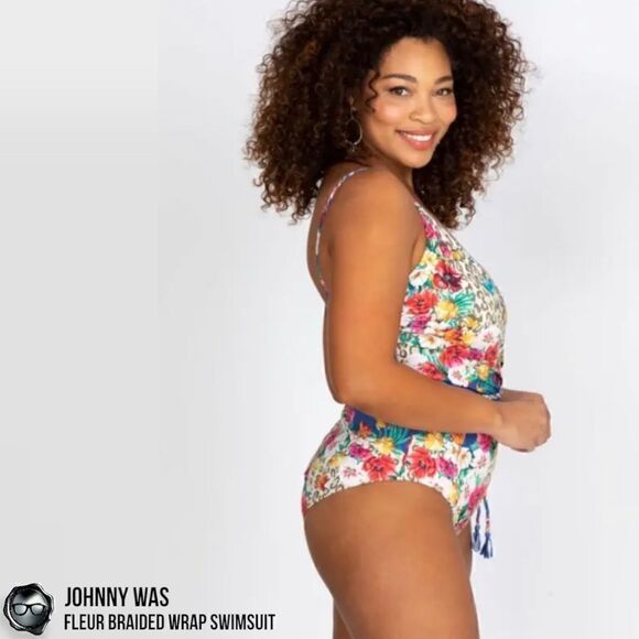 JOHNNY WAS FLEUR BRAIDED WRAP ONE PIECE SWIMSUIT IN FLORAL BLUE PLUS SIZE 2X NEW - Picture 4 of 15